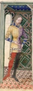 fol. 106, Demoiselle d'Escalot offrant sa manche à Lancelot1380-1385, Itálie, Pávie u Milána.jpeg