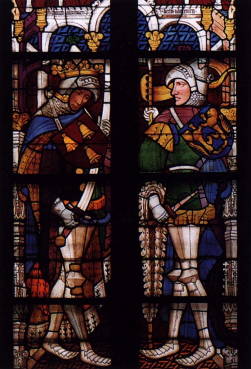 Charlemagne and King Arthur c. 1410 Stained glass window Town Hall.jpg